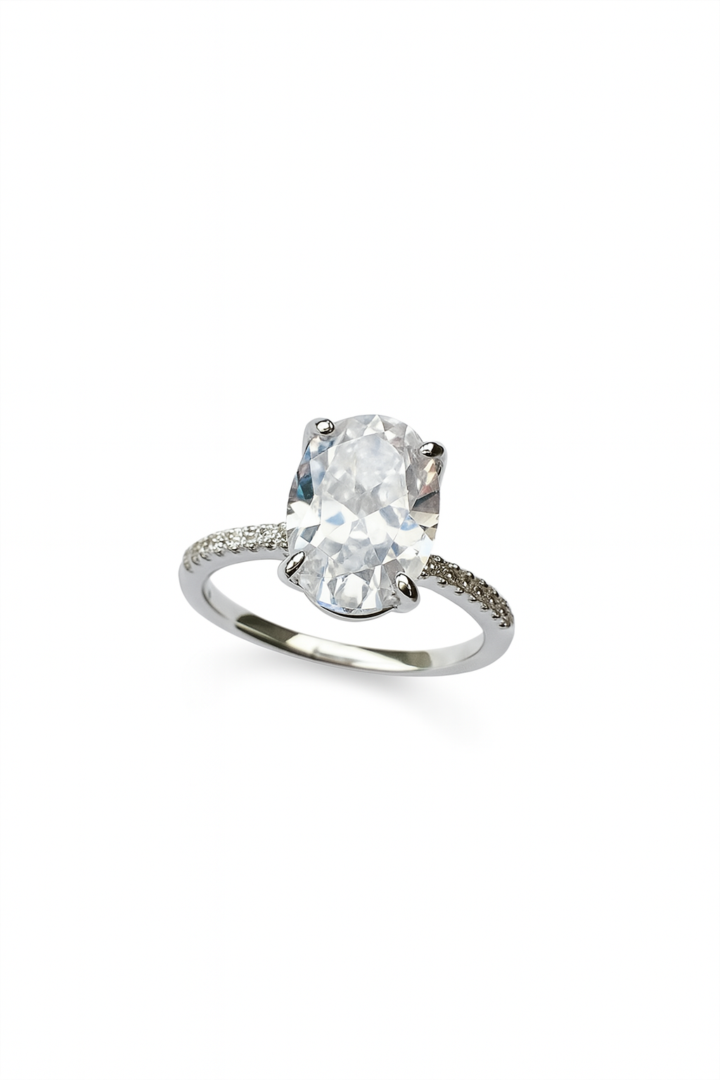 Solitaire ring with large oval-cut CZ center stone and pavé band