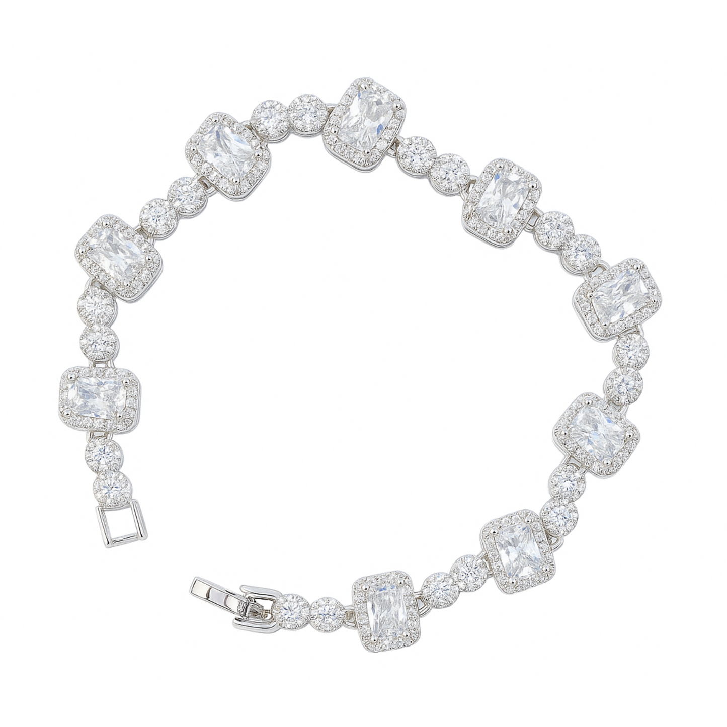 Mixed-cut CZ bracelet featuring halo-set rectangular stones and round accents