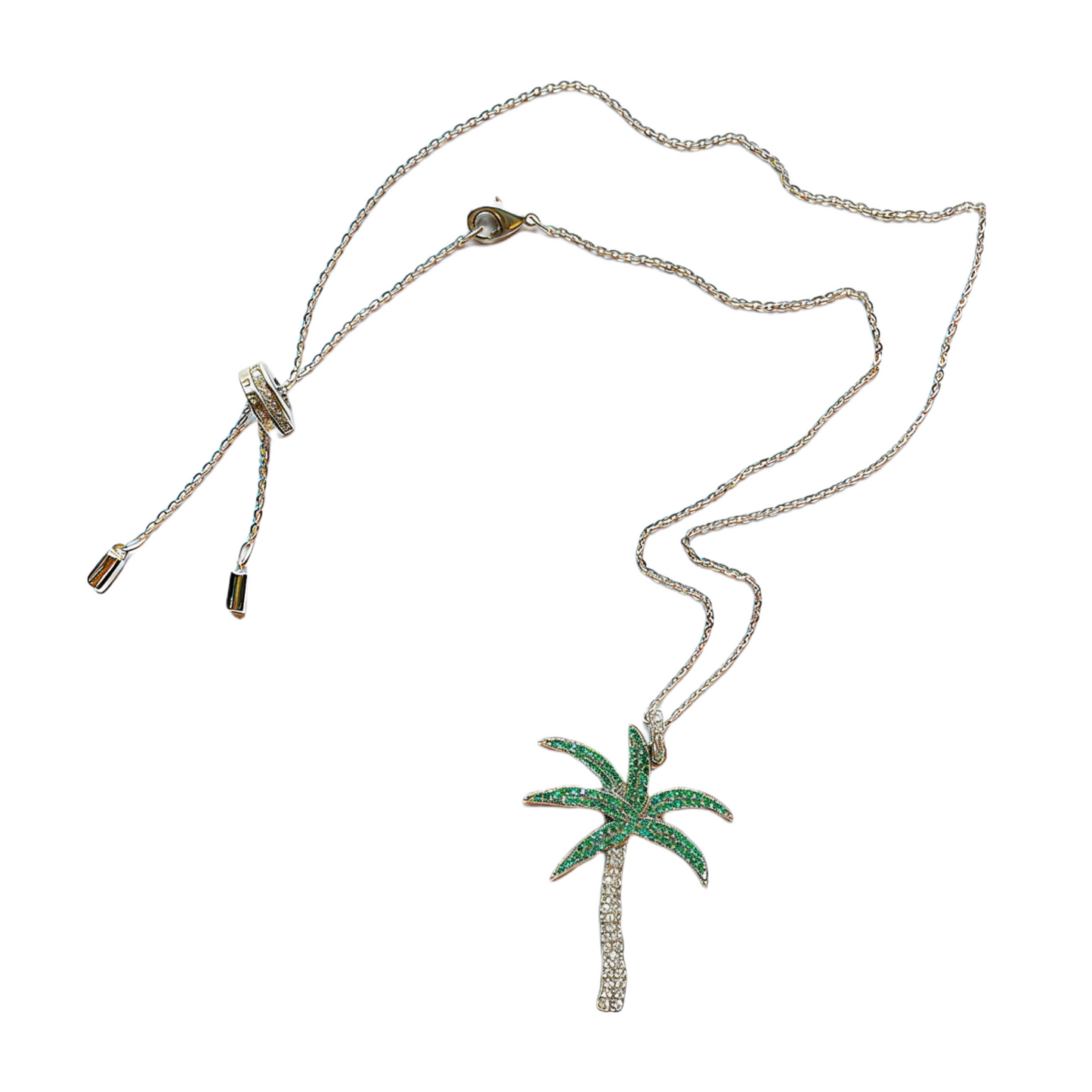 Palm tree pendant necklace with green CZ leaves on adjustable silver chain