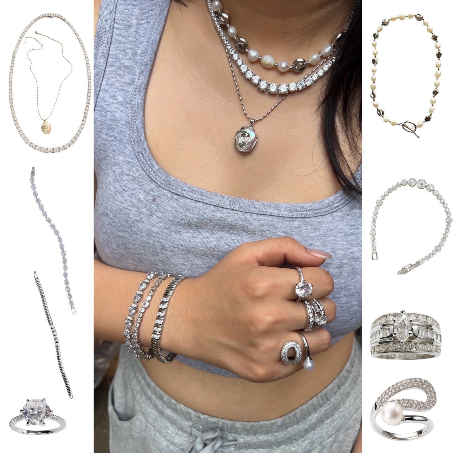 Model wearing layered pearl and CZ necklaces, stacked tennis bracelets, and statement rings with side-by-side product images