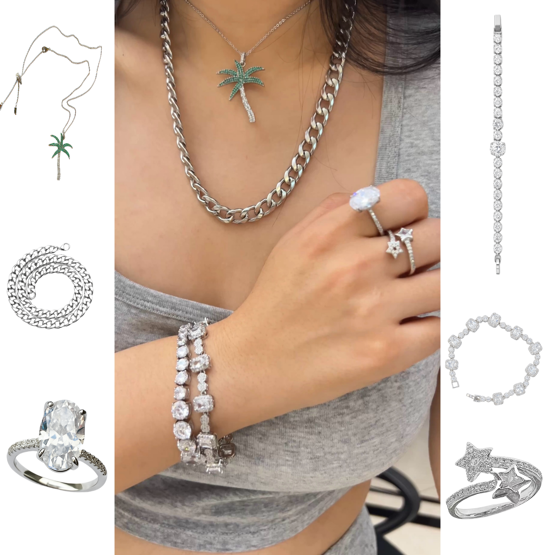 Model wearing palm tree pendant necklace, chunky chain, CZ tennis bracelets, and statement rings, with side-by-side images of all six matching jewelry pieces