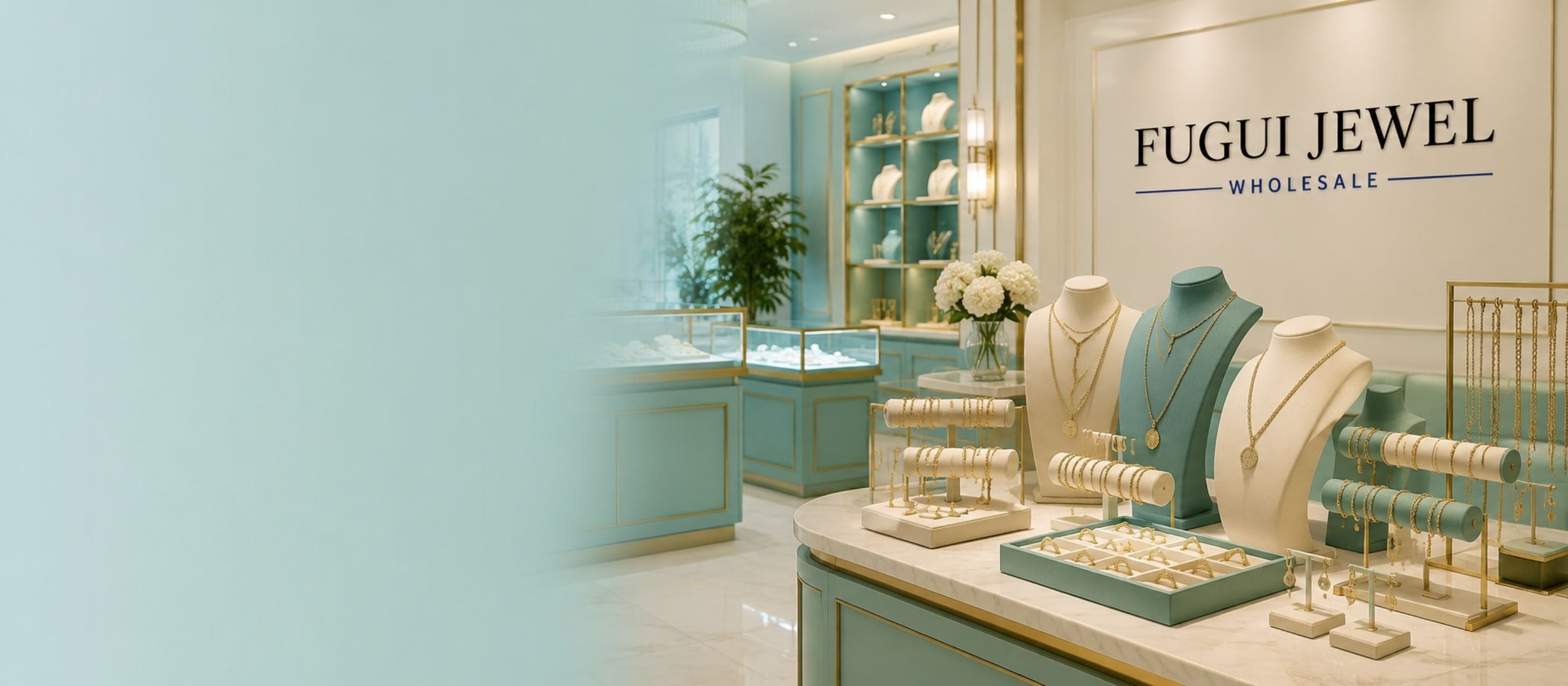 FuGui Jewelry Wholesale boutique jewelry showroom with gold filled jewelry displays